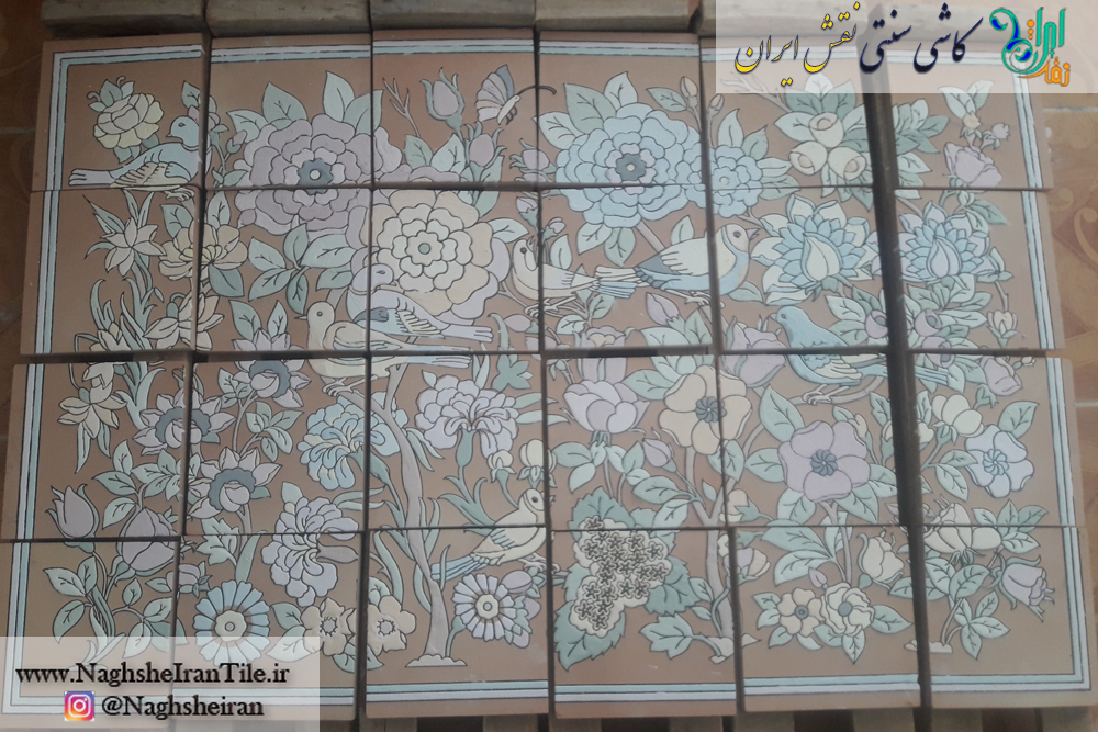 تابلوی گل  مرغ - بر روی خشت - قبل از رفتن به کوره|کاشی سنتی نقش ایران 